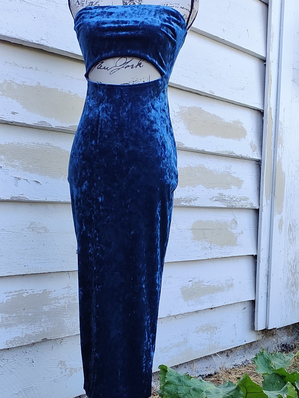 Lulu's Blue Crushed Velvet Strapless Maxi Dress with Front Cutout, Size M